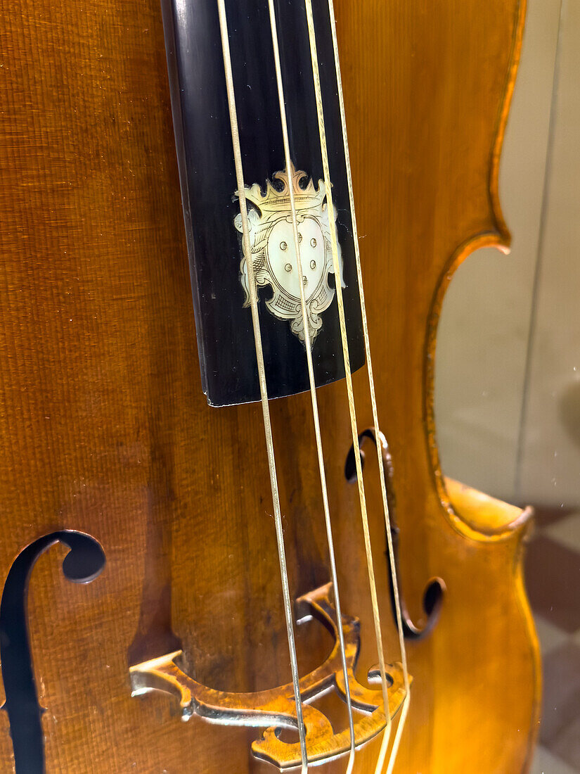 Griffbrettverzierung auf einem Cello von Nicolo Amatai aus dem Jahr 1650 in der Accademia-Galerie in Florenz, Italien.