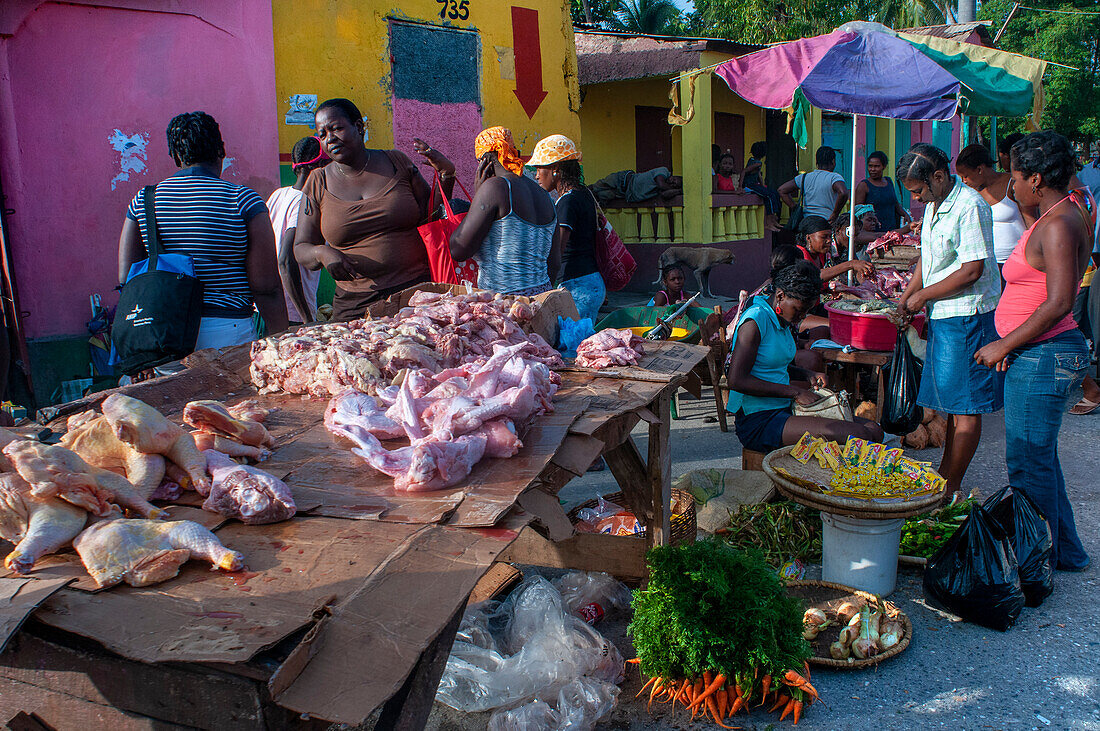 Local market and houses in the historic colonial old town, Jacmel city center, Haiti, West Indies, Caribbean, Central America