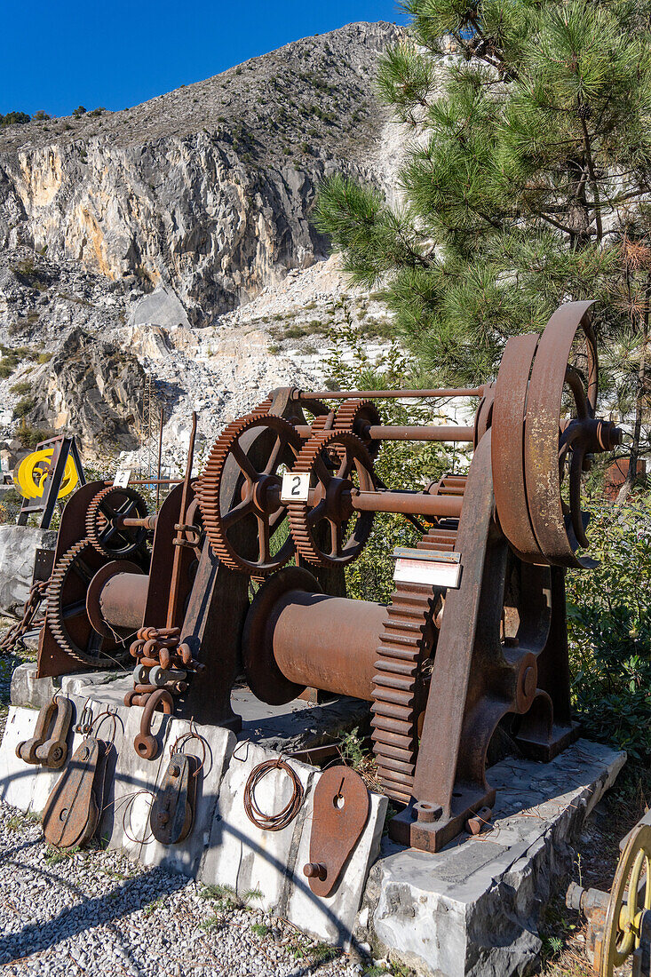 Vintage cable winches for moving blocks of marble in a quarry. Fantiscritti Quarry Museum, Carrara, Italy.