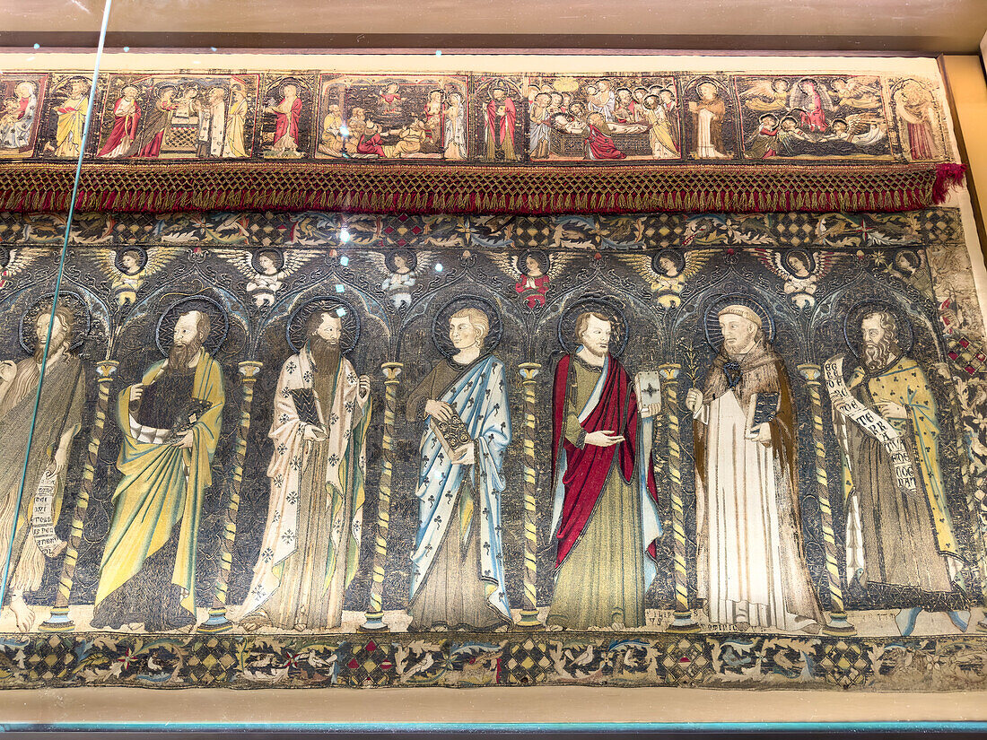 An embroidered altar frontal from 1336 by Jacopo de Cambio in the Accademia Gallery in Florence, Italy. Originally in the Church of Santa Maria Novella in Florence. This section depicts prophets of the Old Testament.