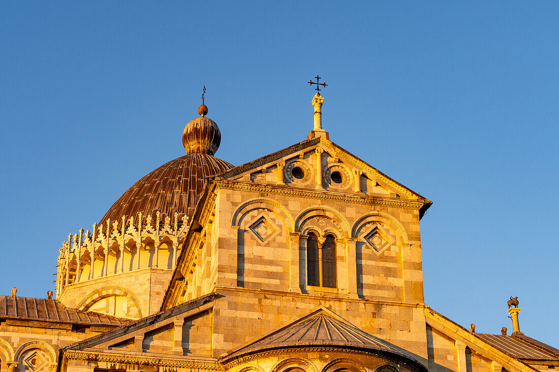 The south facade of the Pisa Duomo or Primatial Metropolitan Cathedral of the Assumption of Mary in Pisa, Italy.