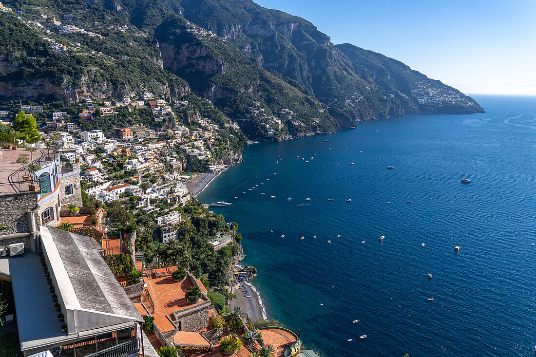 The seaside resort town of Positano terraced on the steep hillside of the Amalfi Coast in Italy.