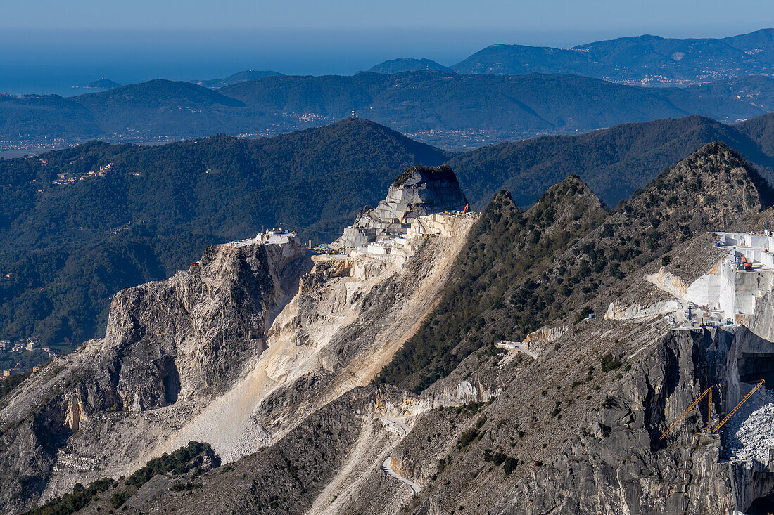 A view of the marble quarries of the Fantiscitti Basin near Carrara, Italy.