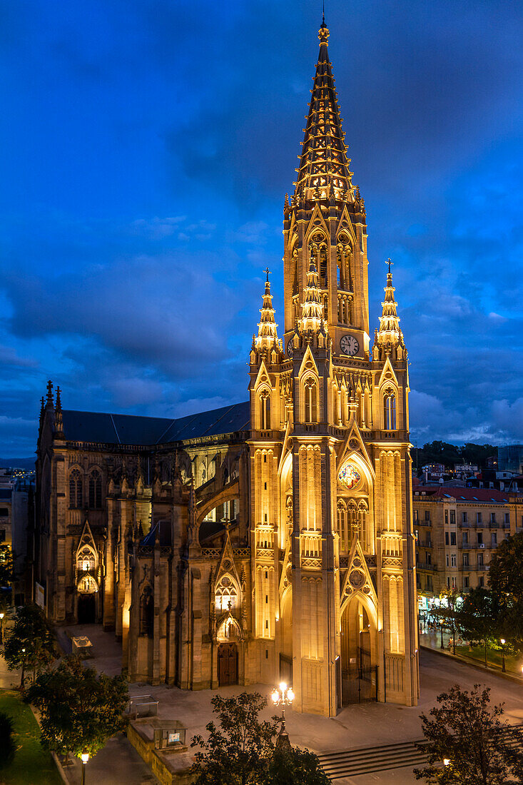 Bell Tower of gothic Cathedral of Good Shepherd or Catedral del buen pastor in Donosti San Sebastian city, north of Spain, Euskadi, Euskaerria, Spain.