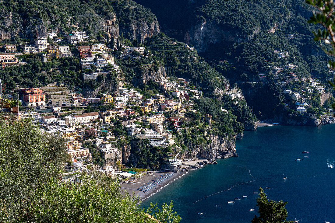 The seaside resort town of Positano terraced on the steep hillside of the Amalfi Coast in Italy.