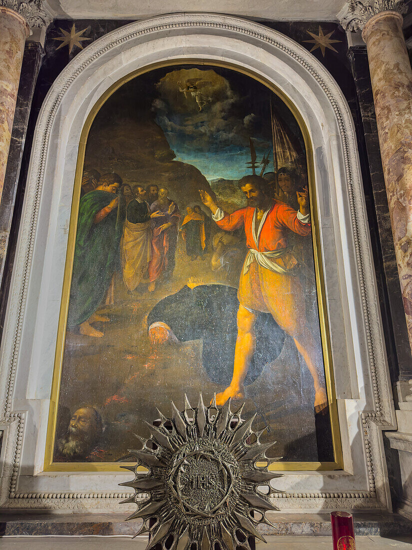 Altar in the Church of St. Paul of Three Fountains at the Abbey of the Three Fountains in Rome, Italy. The traditional site of the beheading of St. Paul the Apostle in Rome. The painting depicts the execution of St. Paul.