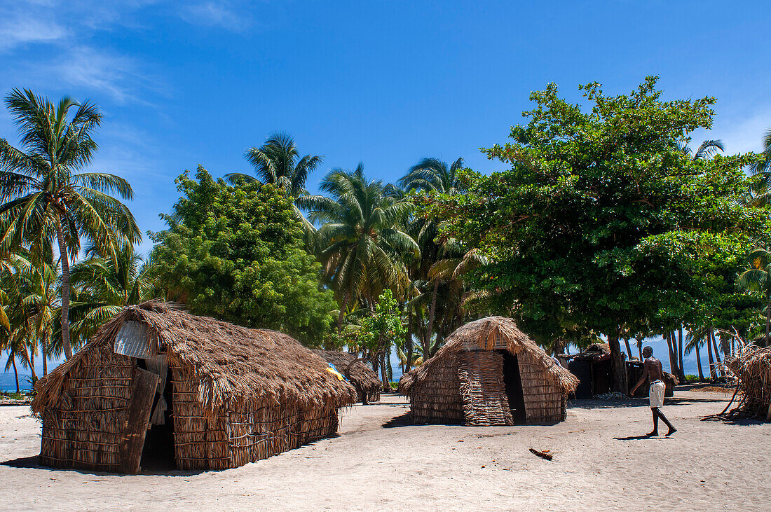 Village and straw house, fishermen's huts on the beach in Cayes-à-L’eau, a fishermen islet located northeast of Caye Grand Gosie, Île-à-Vache, Sud Province, Haiti