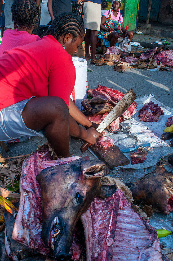 Local market and houses in the historic colonial old town, Jacmel city center, Haiti, West Indies, Caribbean, Central America