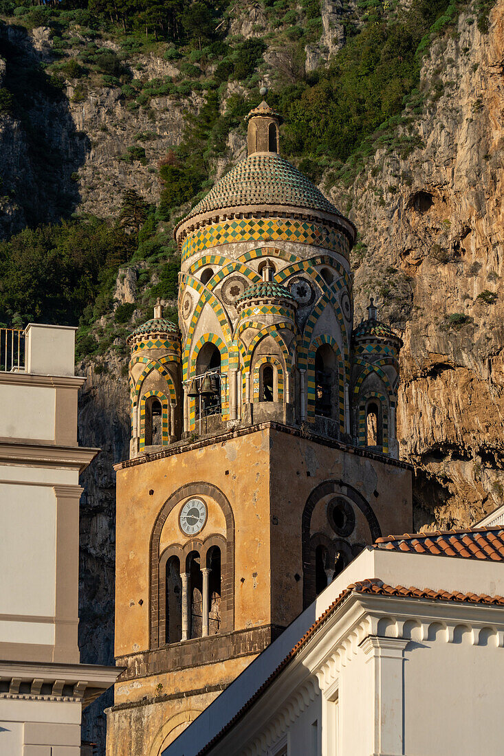 The 12th Century Arab-Norman-style bell tower of the Amalfi Duomo in Amalfi, Italy.