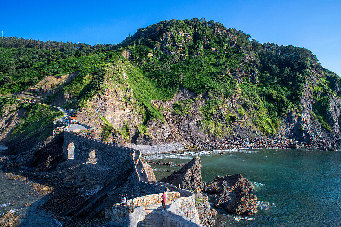 San Juan de Gaztelugatxe, Dragon-stone in Game of Thrones, bridge and stone stairs, Bermeo, Basque Country, Euskadi, Euskaerria, Spain.