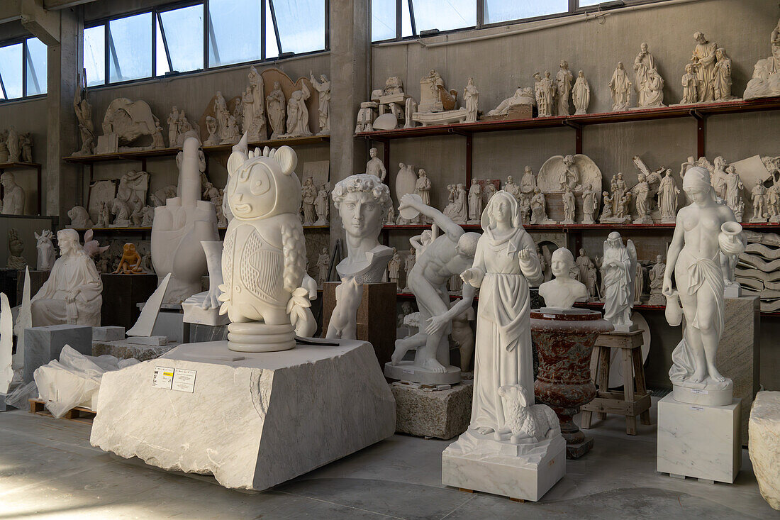 Finished marble sculptures in a marble carving studio in Carrara, Italy.