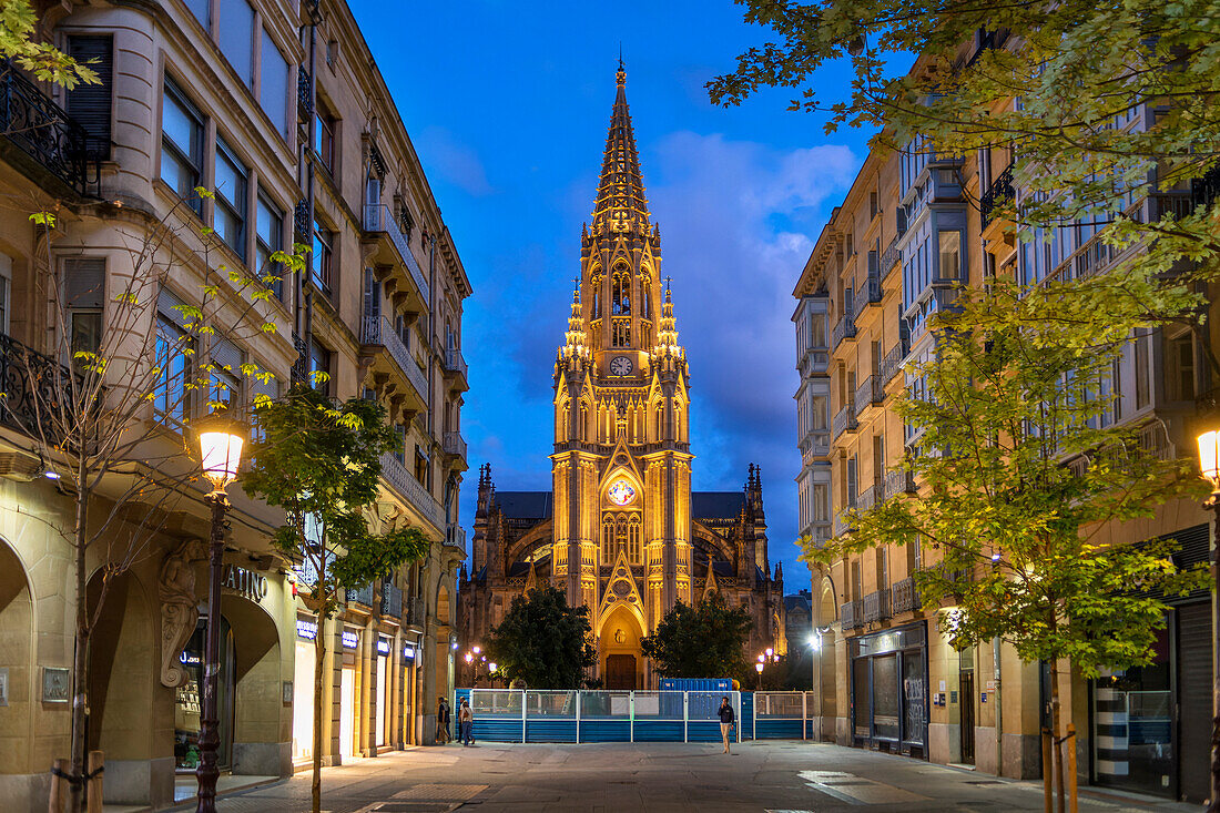 Bell Tower of gothic Cathedral of Good Shepherd or Catedral del buen pastor in Donosti San Sebastian city, north of Spain, Euskadi, Euskaerria, Spain.