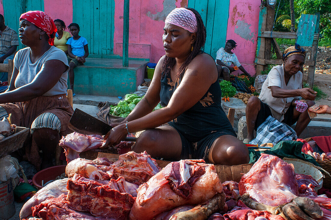 Local market and houses in the historic colonial old town, Jacmel city center, Haiti, West Indies, Caribbean, Central America