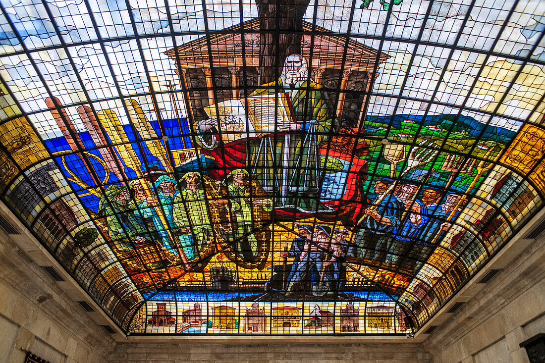 The Tree of Gernika stained glass ceiling in the Assembly House Casa de las Juntas, Gernika Guernica, Basque Country, Spain