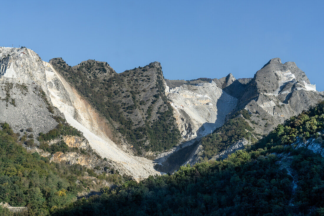 A view of the marble quarries of the Fantiscitti Basin near Carrara, Italy.