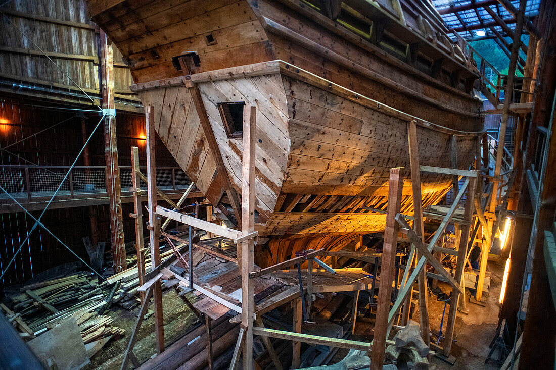 Albaola museum, Historic Whaling Boat reconstruction in the Basque port of Pasaia, Gipuzkoa, Spain.