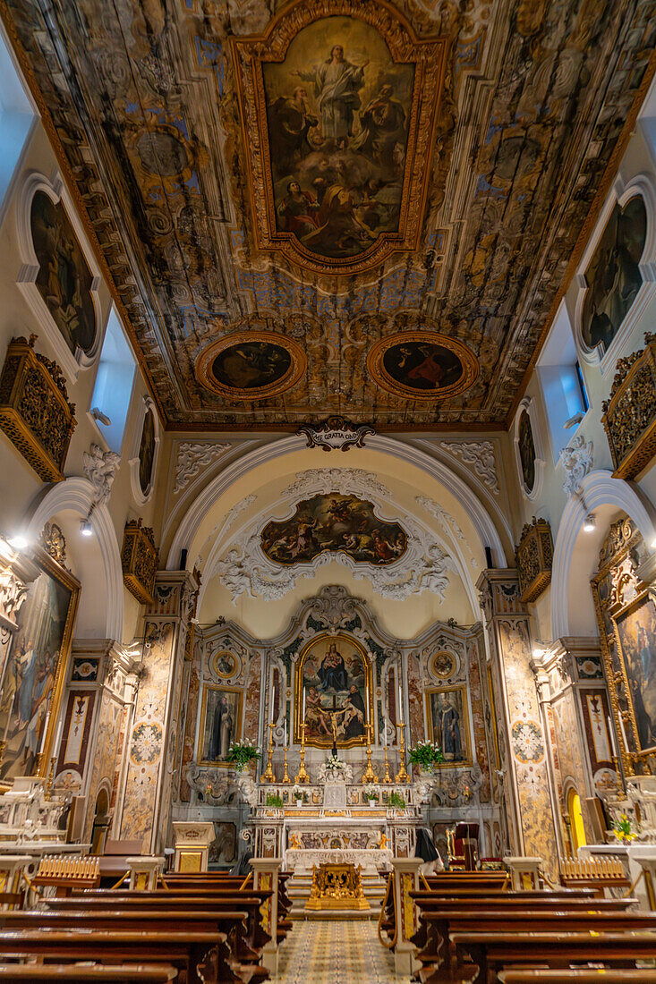 The painted ceiling of the nave of the Church of Santa Maria delle Grazie in Sorrento, Italy.