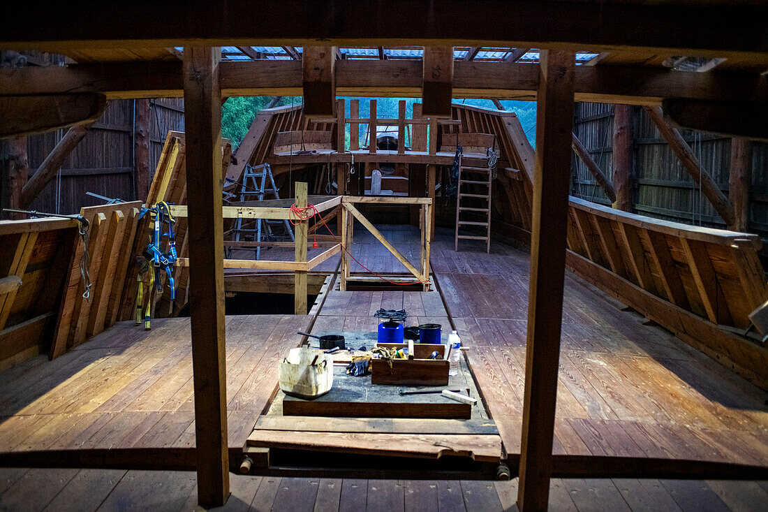 Albaola museum, Historic Whaling Boat reconstruction in the Basque port of Pasaia, Gipuzkoa, Spain.