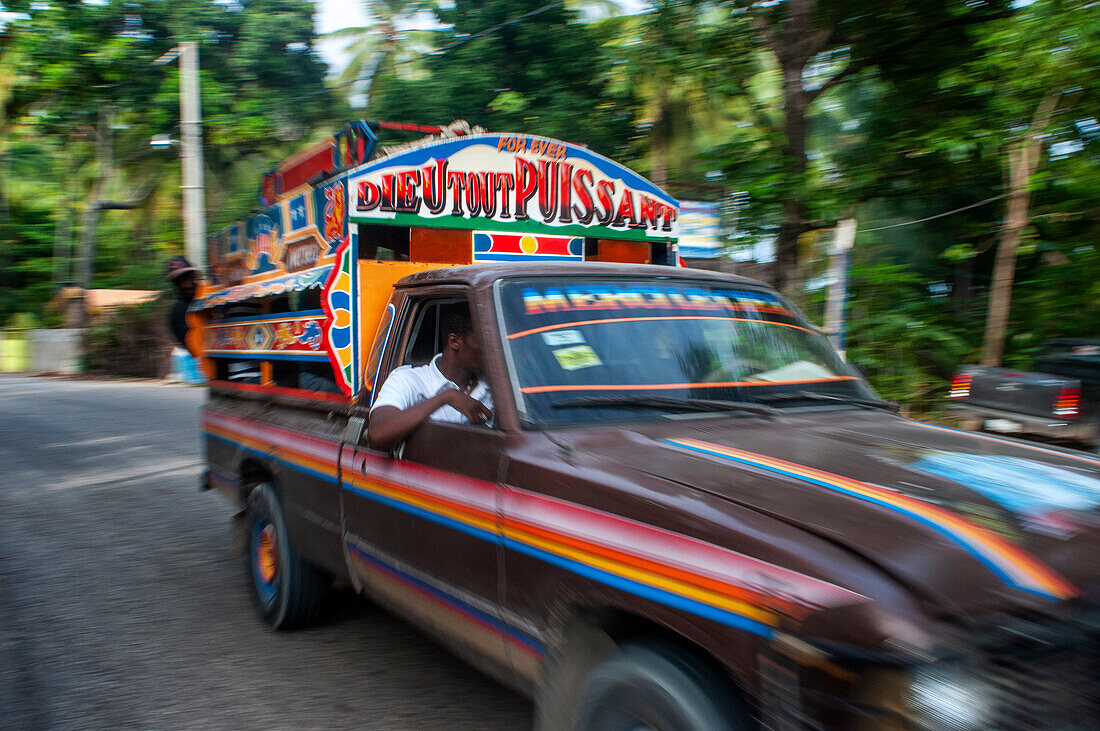 Tap tap taxi in Cayes-de-Jacmel, Cayes de Jacmel, Jacmel, Haiti.