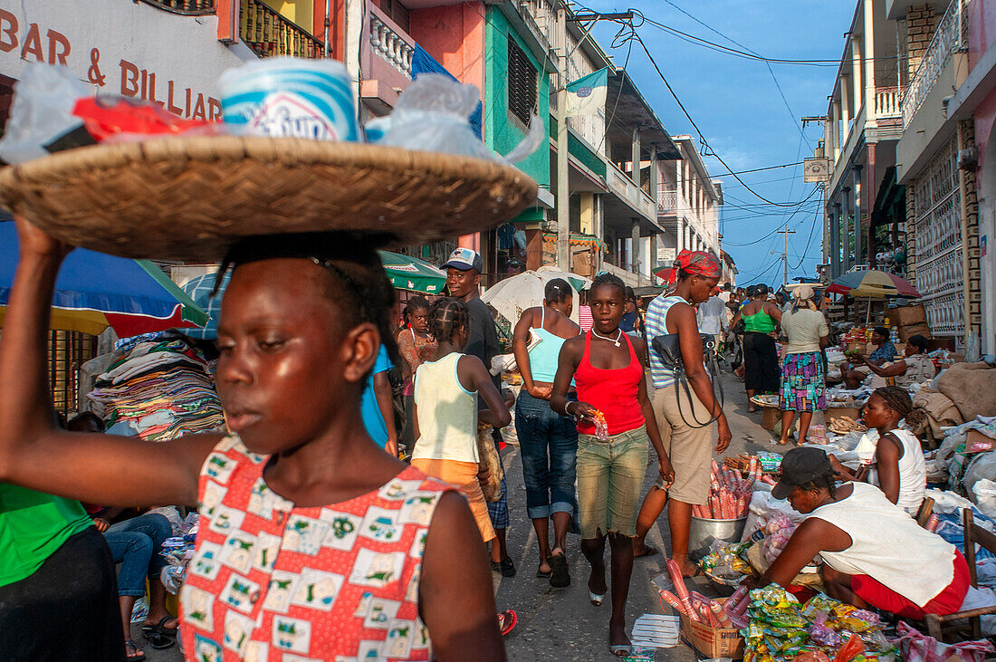 Local market and houses in the historic colonial old town, Jacmel city center, Haiti, West Indies, Caribbean, Central America