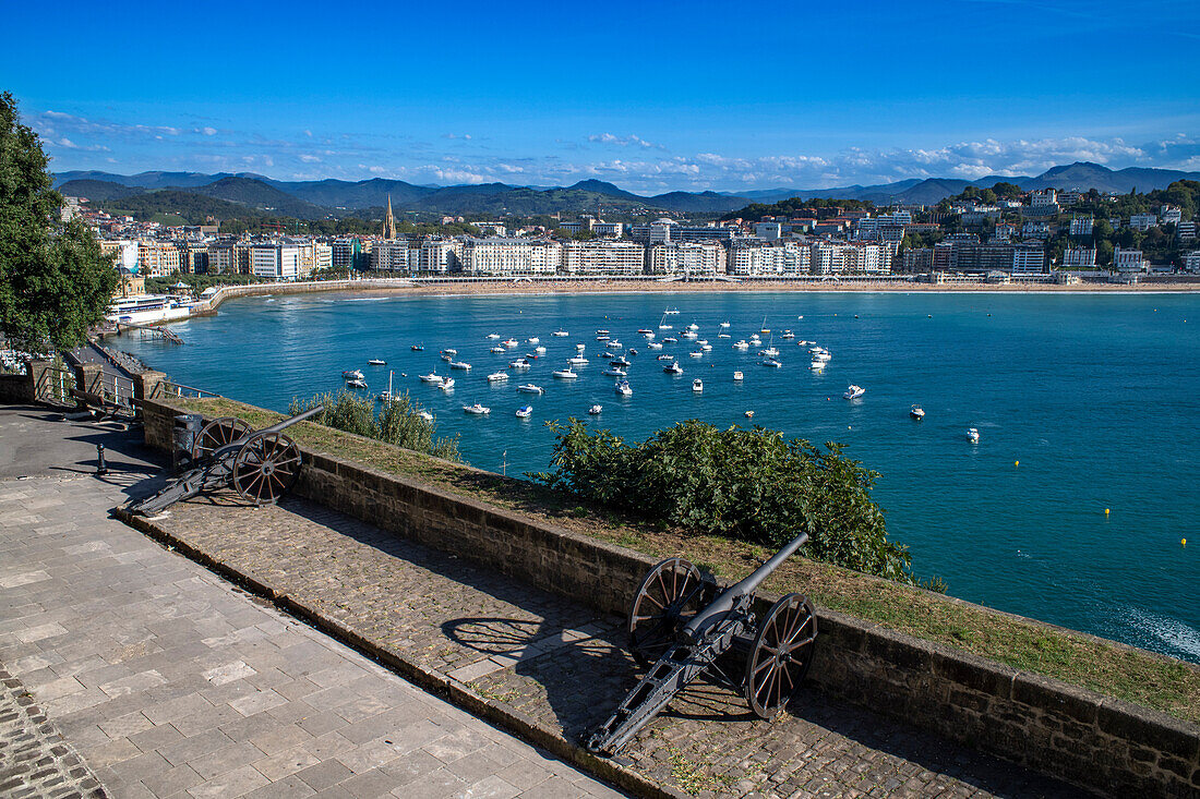 A fortification gun overlooks the town of San Sebastian in the Basque region of Spain