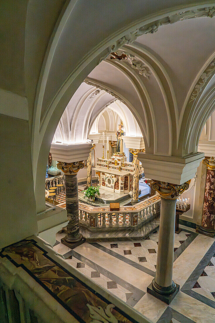 Statue & tomb of Sant'Antonino in the crypt of the Basilica of Sant'Antonino, Sorrento, Italy.