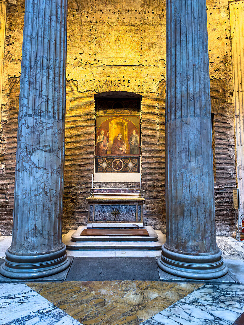 Chapel of the Madonna of the Clemency, the Fifth Chapel in the Pantheon in Rome, Italy, with a 15th Century painting. The painting is entiltled Virgin with Child between St. Francis and St. John the Baptist.