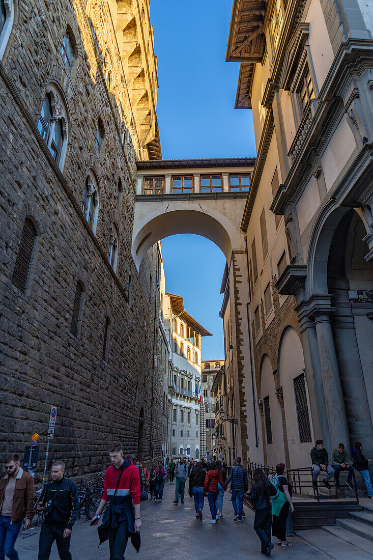 The Vasari Corridor connected the Palazzo Vecchio with the Palazzo Pitti in Florence, Italy. The Corridor was about 750 meters long and was built by architect Giorgio Vasari in 1565.