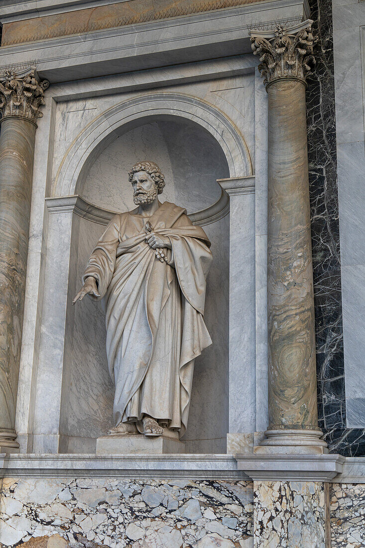 Statue of St. Peter on the portico of the Basilica of St. Paul Outside the Walls, Rome, Italy.