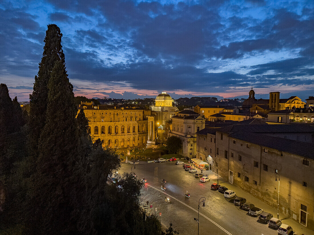 Theater of Marcellus & Tempio Maggiore synagogue in the old Roman Ghetto. Rome, Italy.