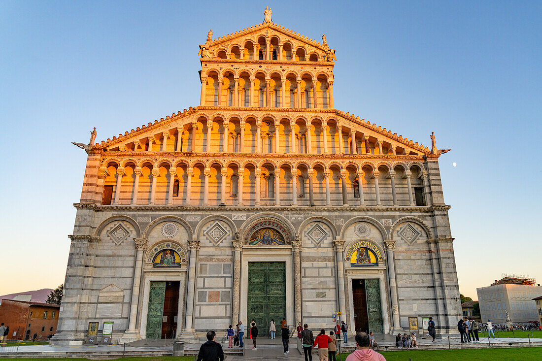 The west facade of the Pisa Duomo or Primatial Metropolitan Cathedral of the Assumption of Mary in Pisa, Italy.