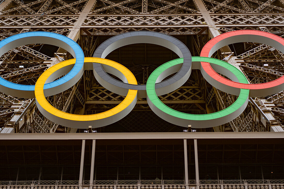 Olympic rings on the Eiffel Tower, Paris, France