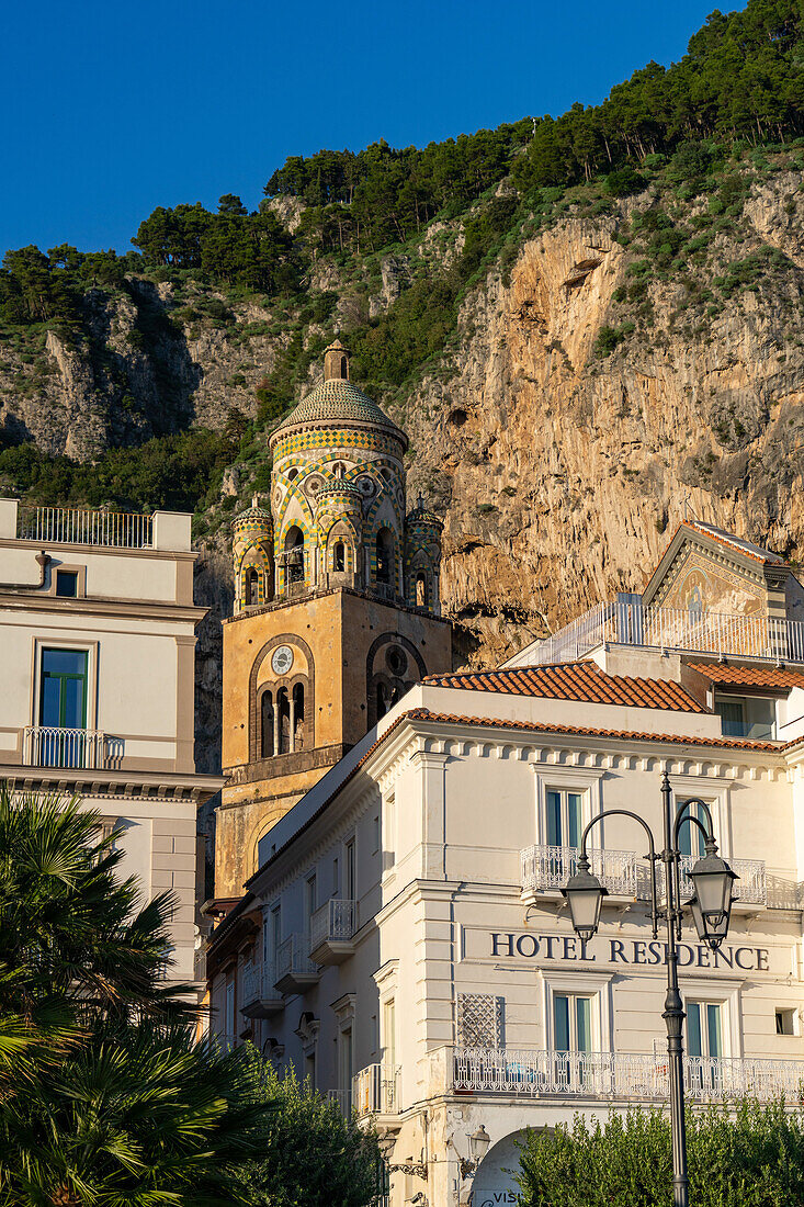 The 12th Century Arab-Norman-style bell tower of the Amalfi Duomo in Amalfi, Italy.