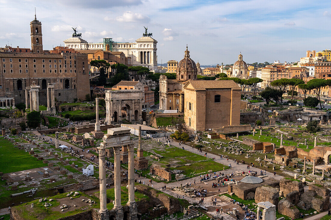 Ruins of the Roman Forum in the Colosseum Archaeological Park in Rome, Italy.