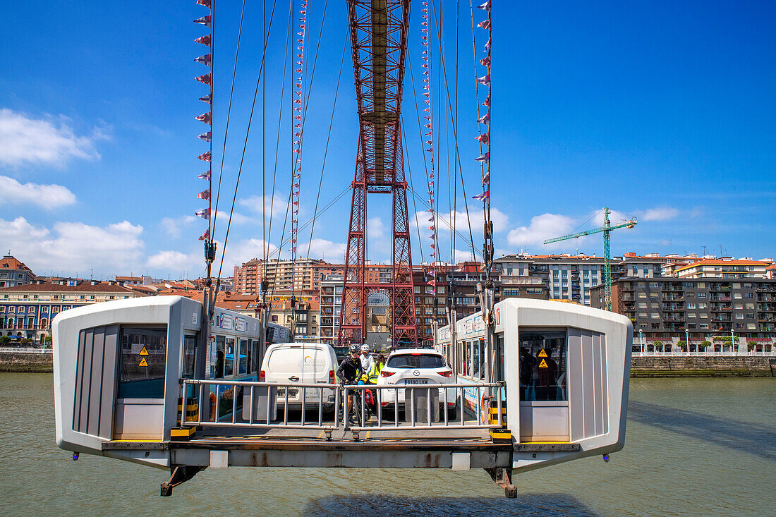 Vizcaya Bridge, a transporter bridge that links the towns of Portugalete and Getxo, Bilbao province, Basque Country, Euskadi, Spain.