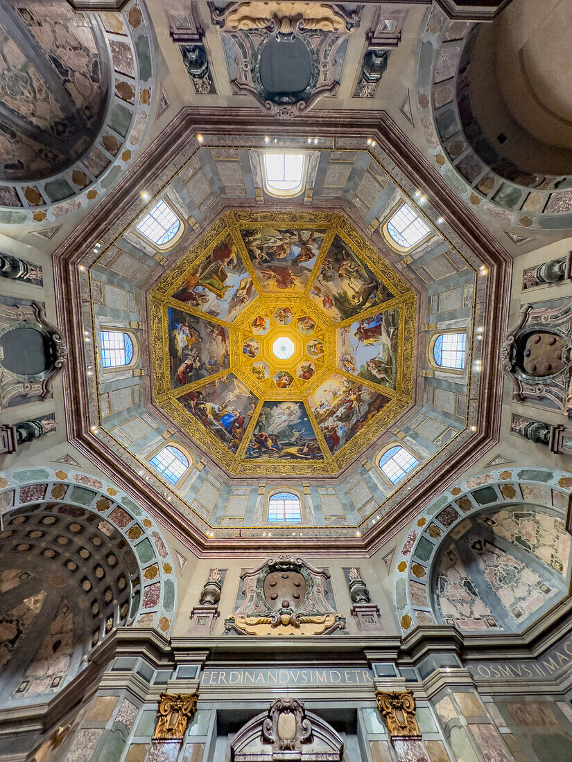 The cupola inside the dome of the Chapel of the Princes in the Medici Chapel Museum in Florence, Italy.