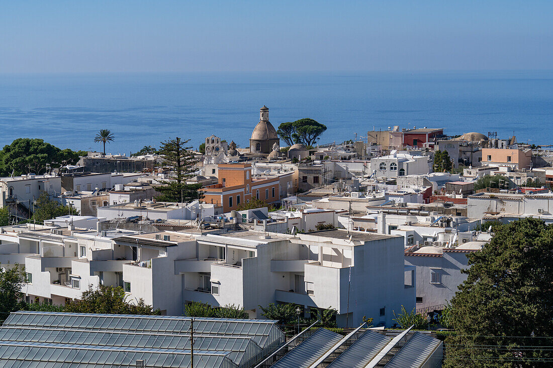 Overlooking the town of Anacapri and the dome of the Church of Santa Sofia on the island of Capri, Italy. Agricultural greenhouses in the foreground.