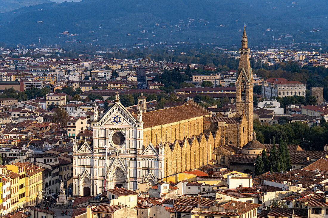 View of the Basilica of Santa Croce from the tower of the Palazzo Vecchio in Florence, Italy.