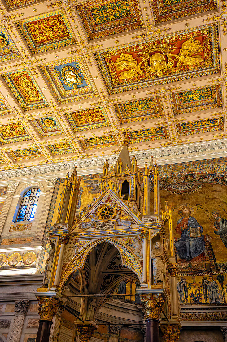 The Gothic-style ciborium in the Basilica of St. Paul Outside the Walls, Rome, Italy. Created by Arnolfo di Cambio and completed in 1285 A.D.