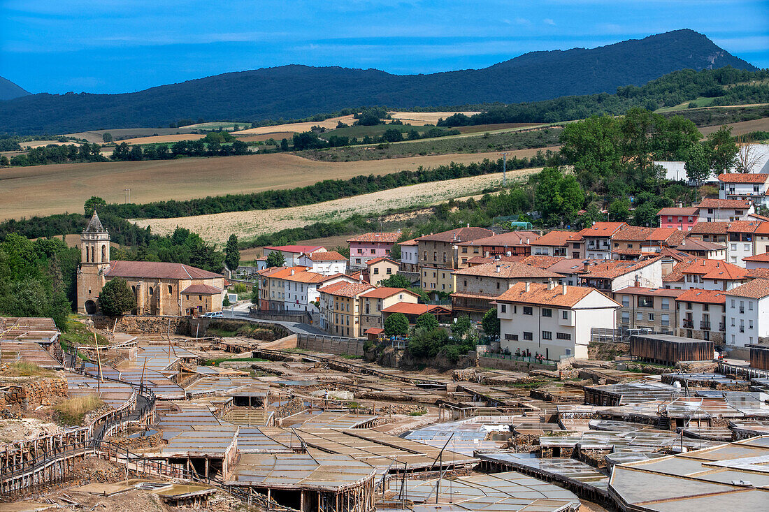 Aerial view of salinas de añana salt flat, Añana, Alava, Araba Basque Country, Euskadi Spain