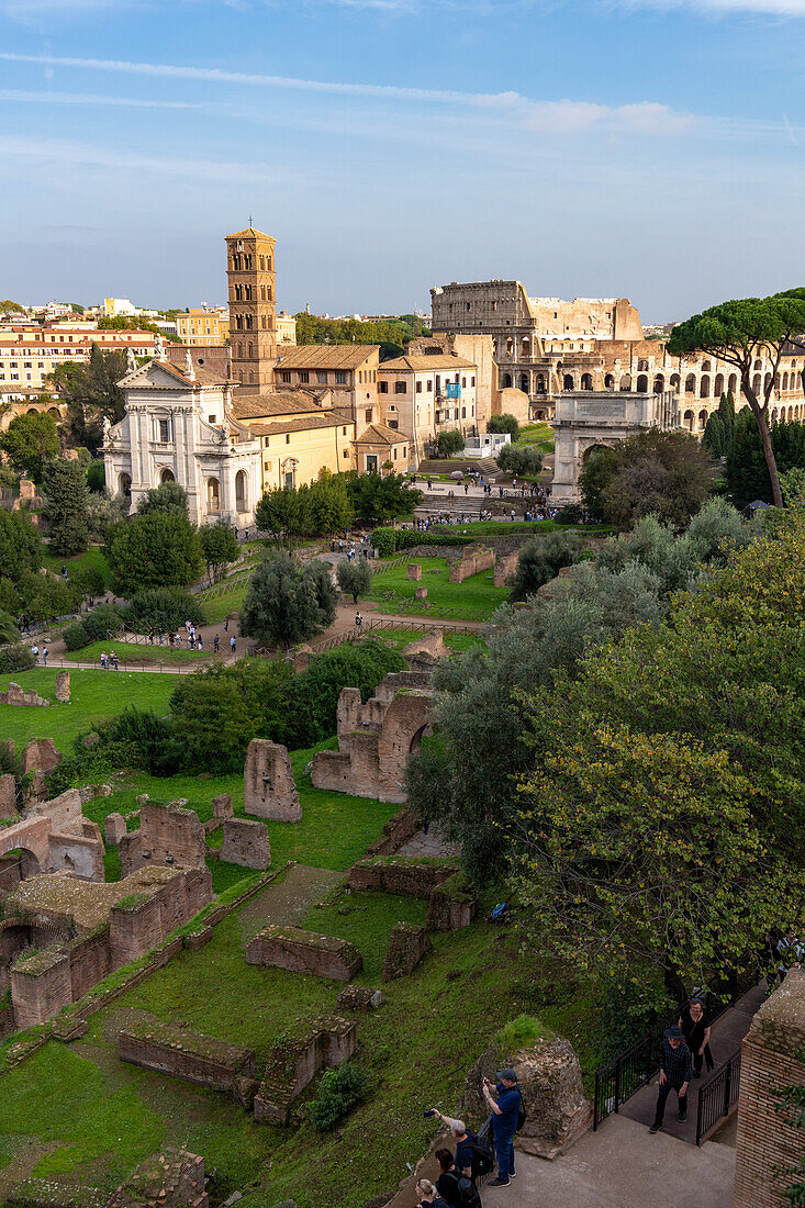 Blick auf das Kolosseum, das Forum und den Titusbogen vom Palatinhügel in Rom, Italien. Links der Glockenturm der Basilika Santa Francesca Romana.