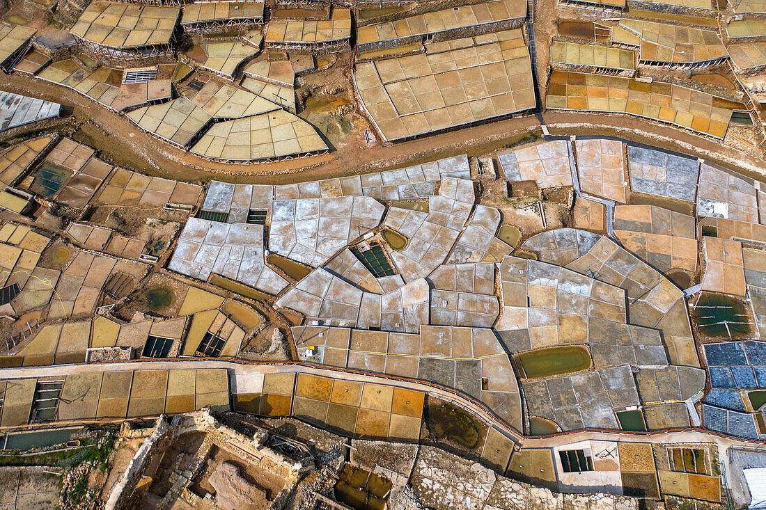 Aerial view of salinas de añana salt flat, Añana, Alava, Araba Basque Country, Euskadi Spain