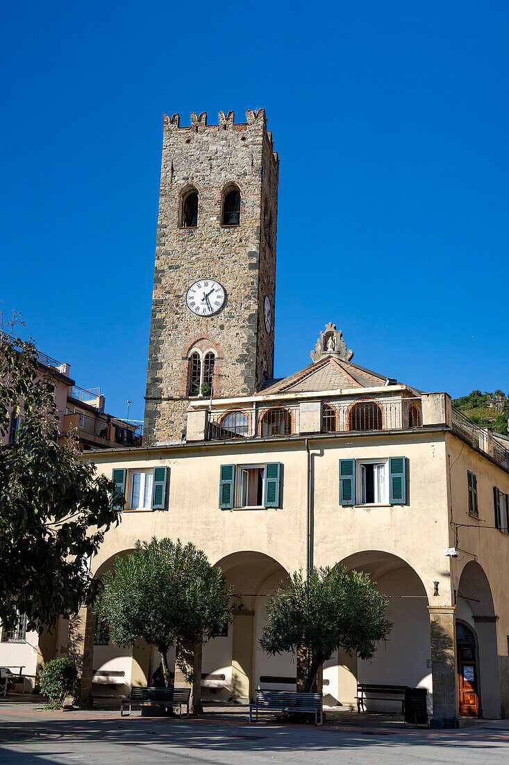 The 15th Century bell tower of the Church of St. John the Baptist in Monterosso al Mare, Cinque Terre, Italy.