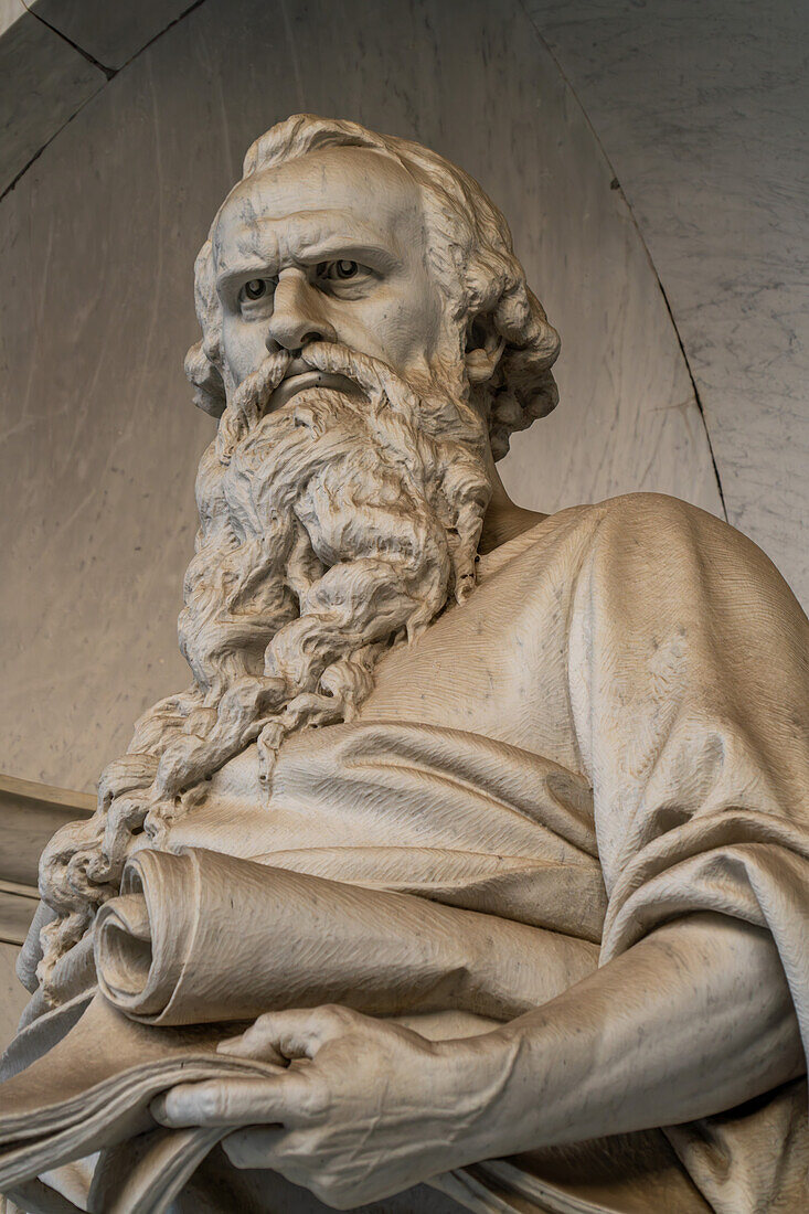 Statue of St. Paul on the portico of the Basilica of St. Paul Outside the Walls, Rome, Italy.