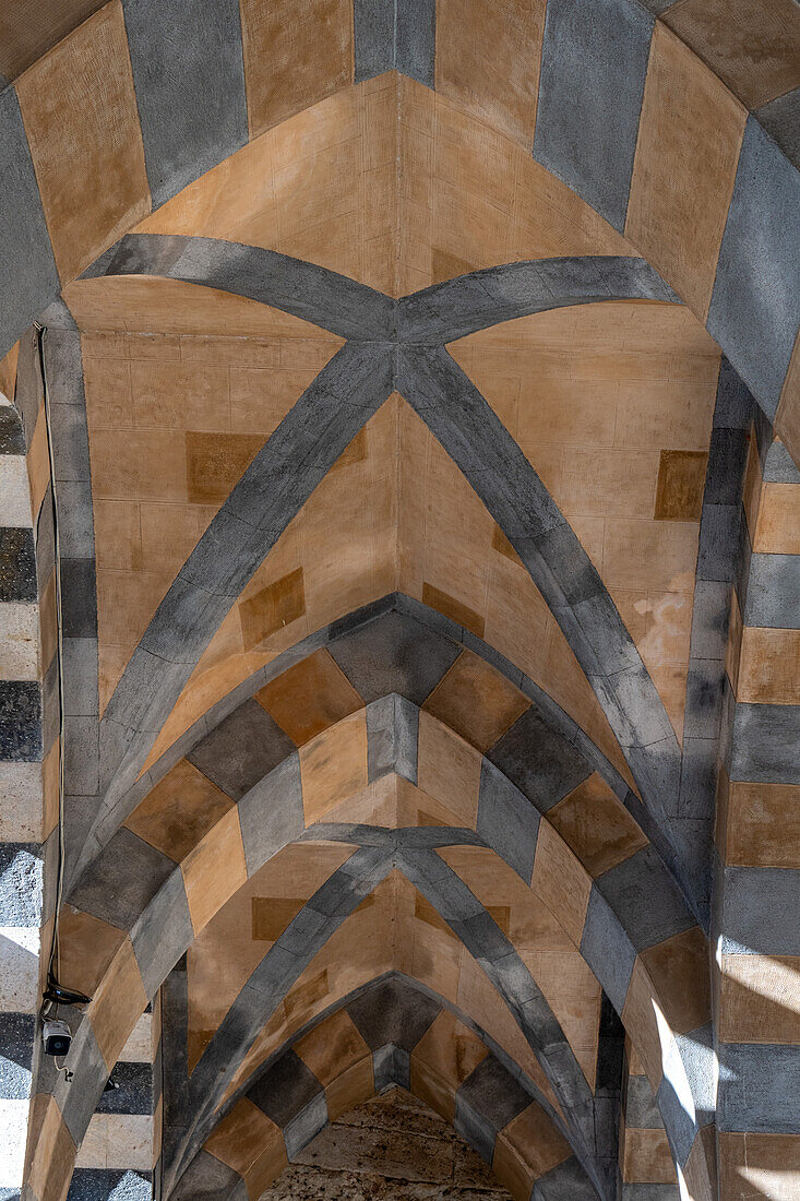 Detail of the ceiling of the portico of the Duomo of Amalfi, the Cathedral of St. Andrew, in Amalfi, Italy.