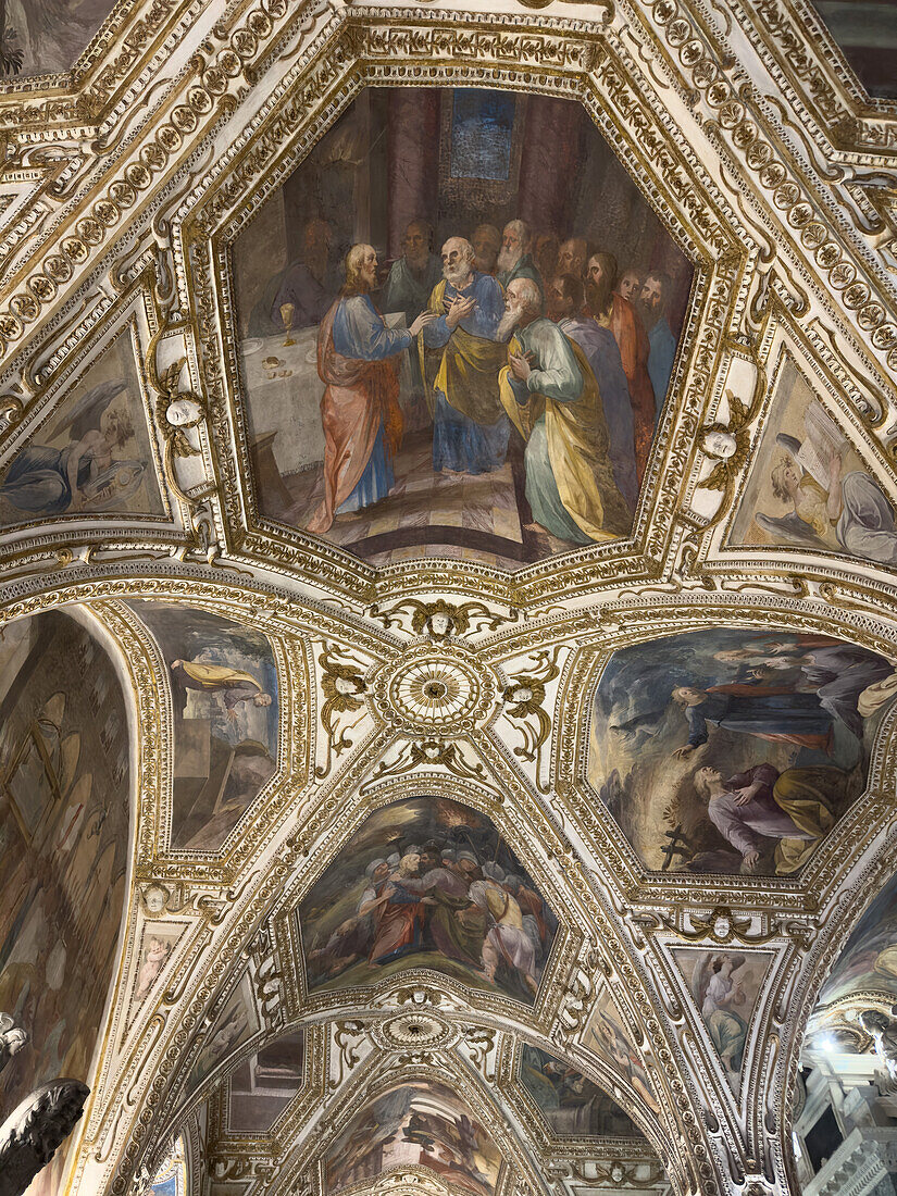 Ornate ceiling of the crypt of Saint Andrew below the Amalfi Duomo or Cathedral, Amalfi, Italy.