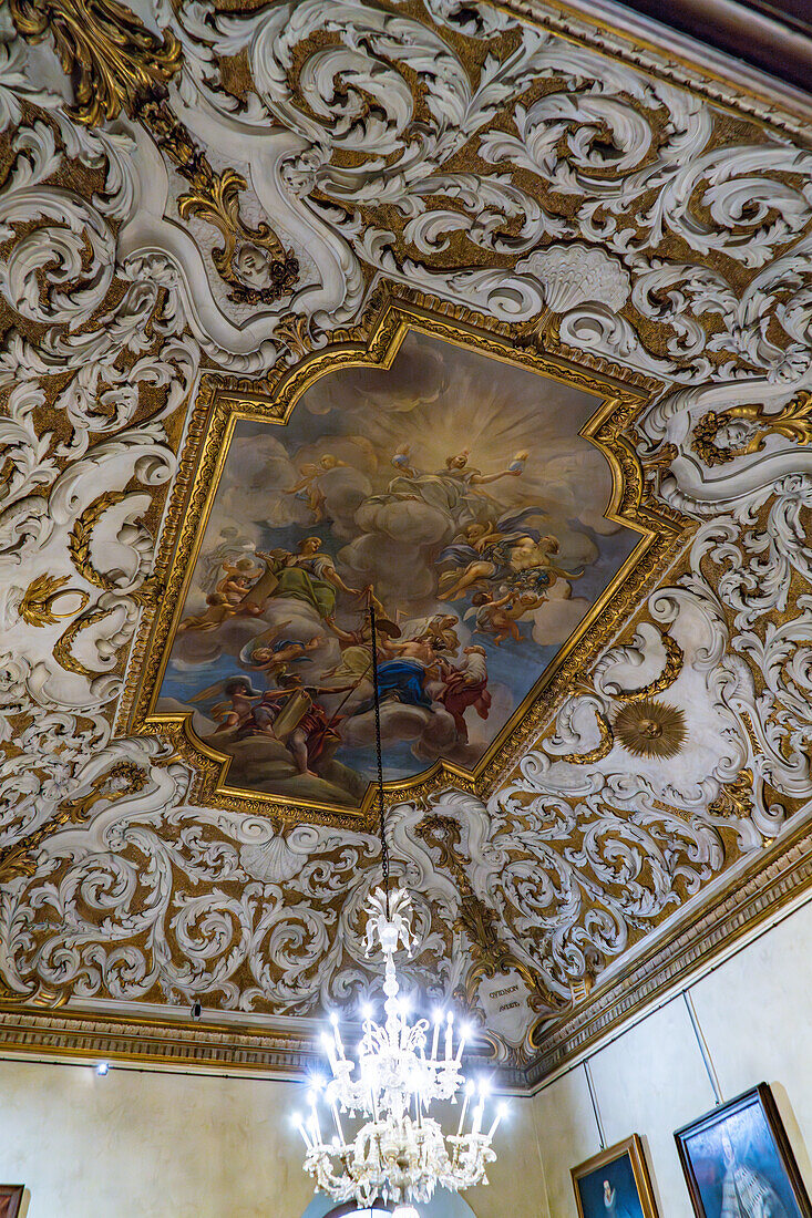 Fresco on the ornate carved coved ceiling of Room XI in the Palazzo Medici Riccardi, Florence, Italy. Entitled The Fine Arts Raised to Immortality by Anton Dominico Gabbiani.