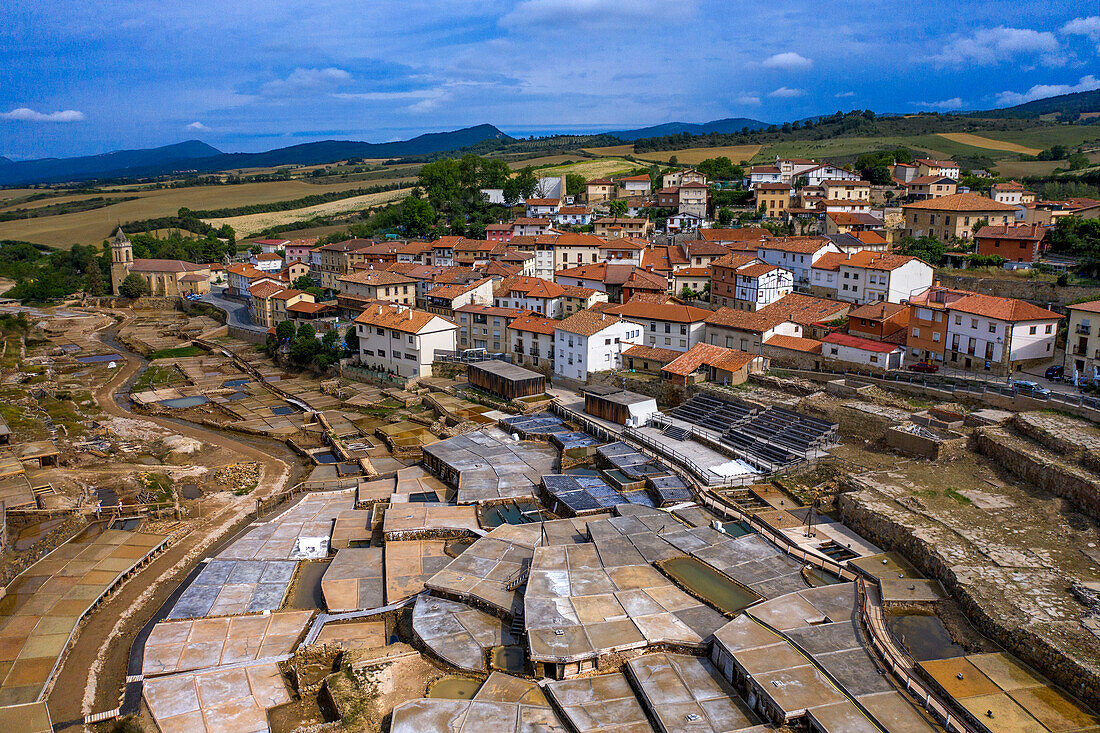 Aerial view of salinas de añana salt flat, Añana, Alava, Araba Basque Country, Euskadi Spain