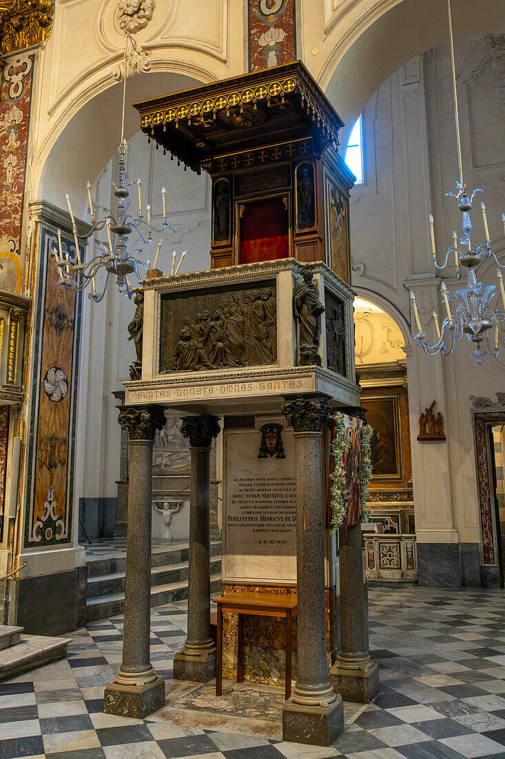 The pulpit on the side of the nave of the Duomo of Amalfi, the Cathedral of Saint Andrew, in Amalfi, Italy.