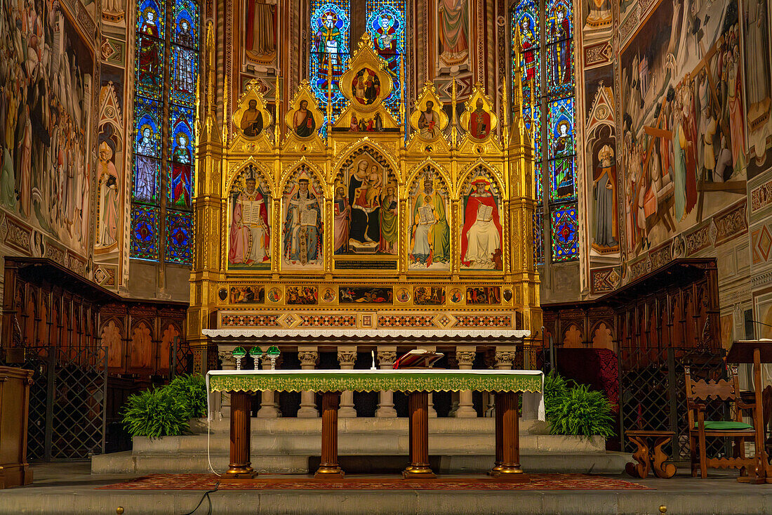 The Chancel Chapel, high altar & main altarpiece in the Basilica of Santa Croce in Florence, Italy.